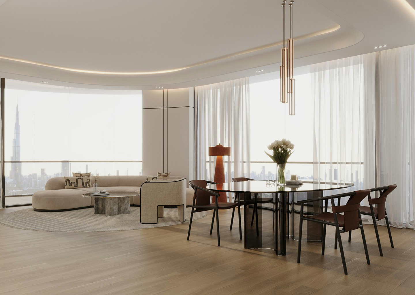 Living and dining room with the Burj Khalifa beyond