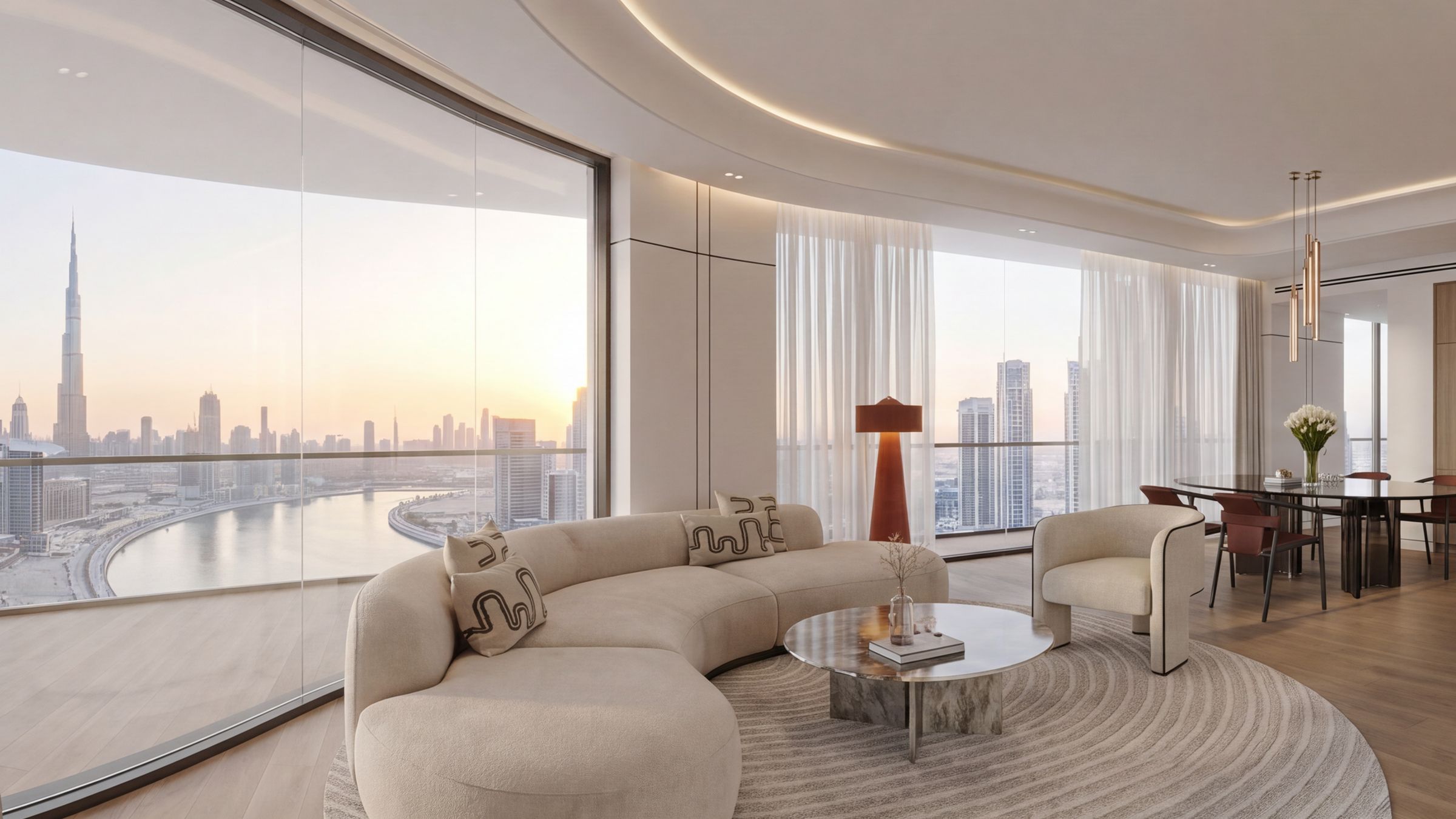 Living room on level 41 with Burj Khalifa beyond the glass